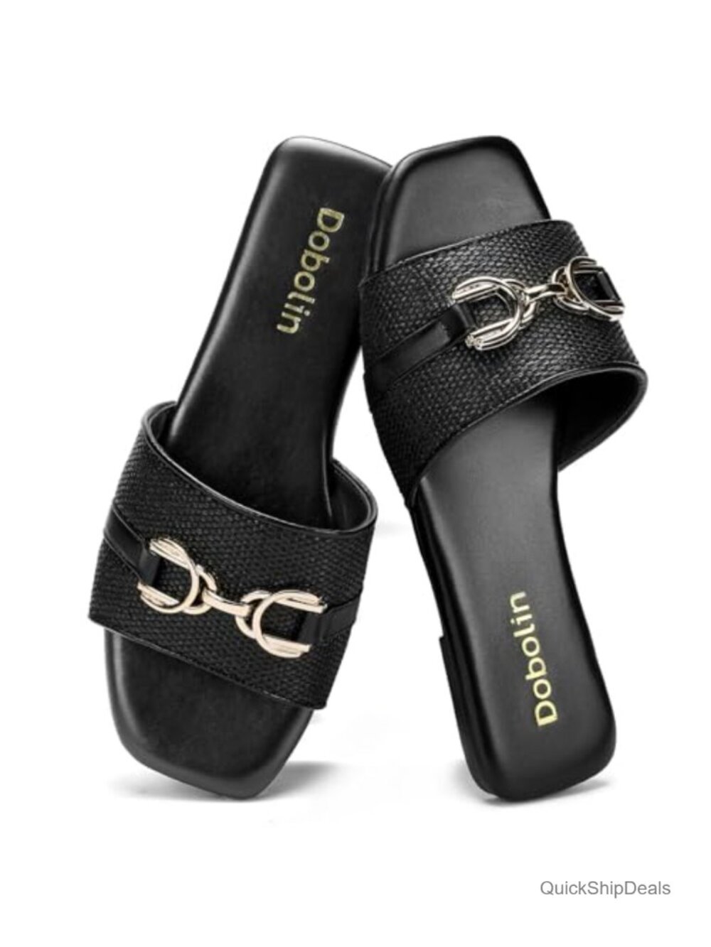 Woven Raffia Wide Width Flat Sandals Slides Metal Horsebit Square Toe